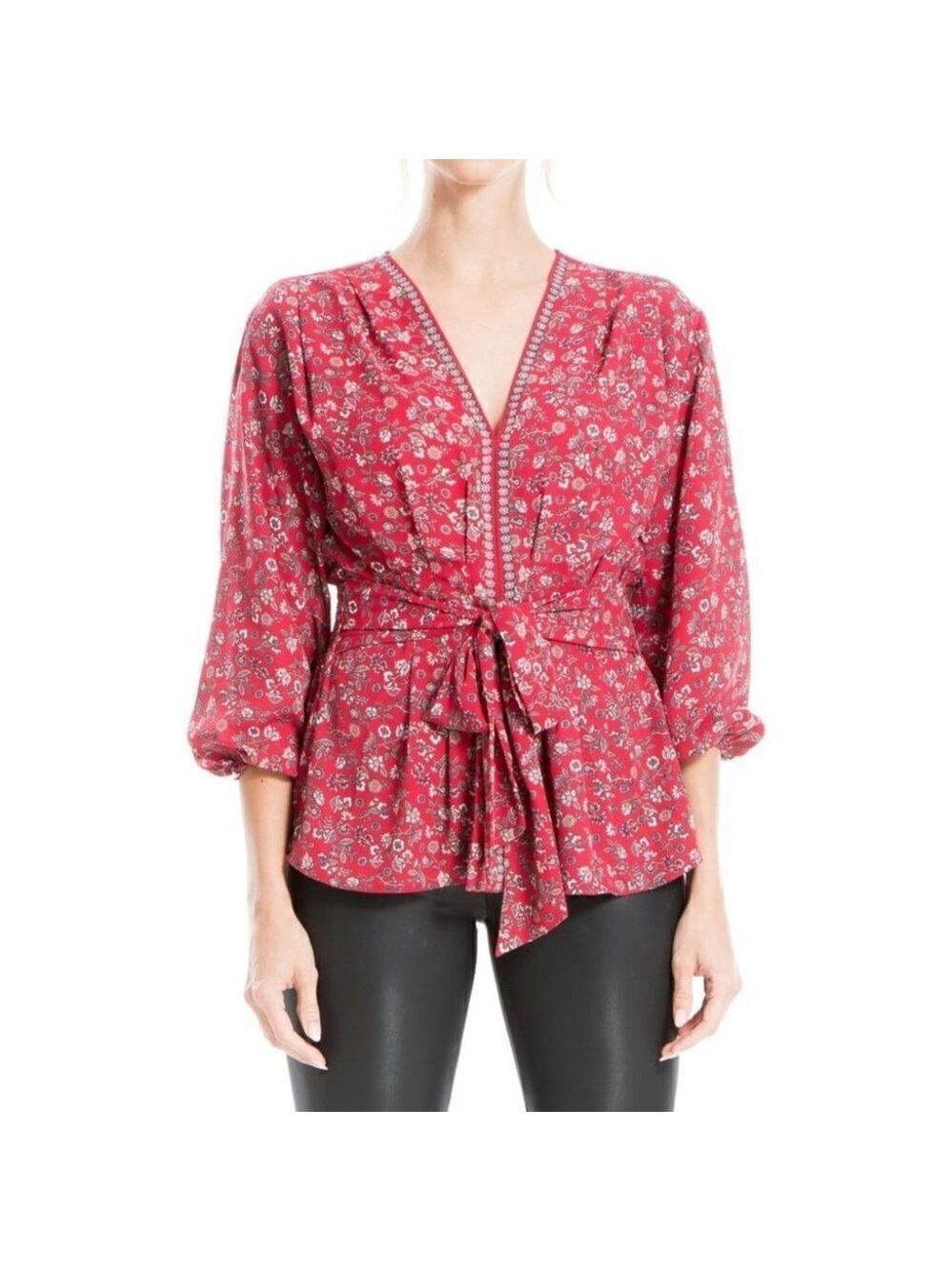 New Max Studio | Tie Front 3/4 Sleeve Blouse